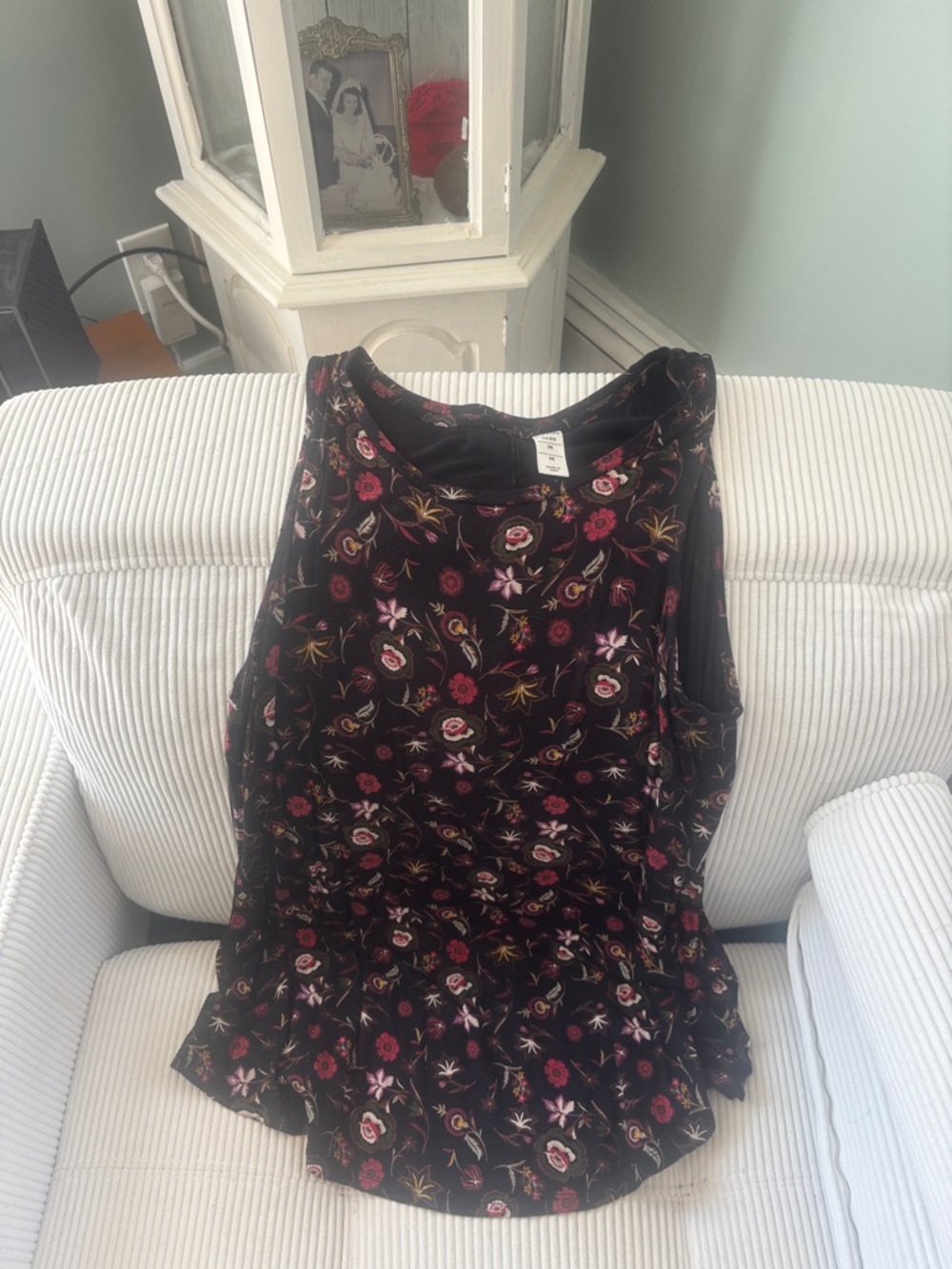 Old Navy Black Floral Tank with Pink and Red Accents